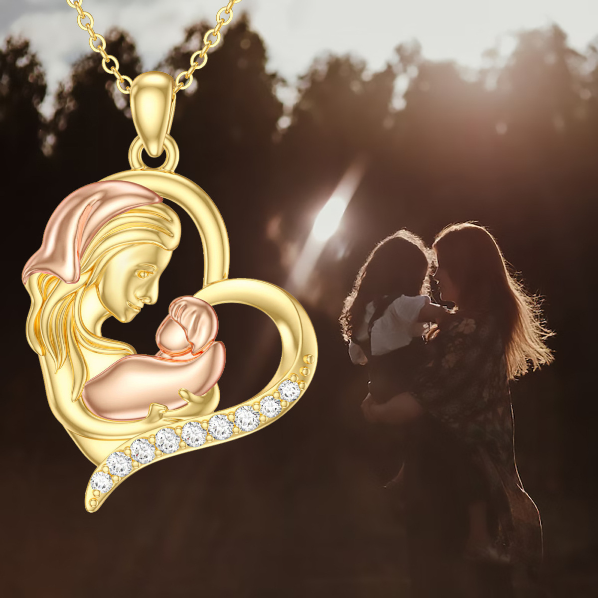 Collier en or 14K et or rose avec pendentif mère, fille et coeur en zirconium cubique rond-6