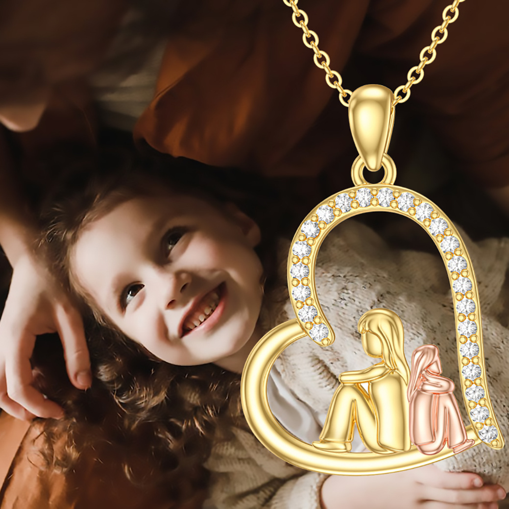 Collier en or 14K et or rose avec pendentif mère, fille et coeur en zirconium cubique rond-6