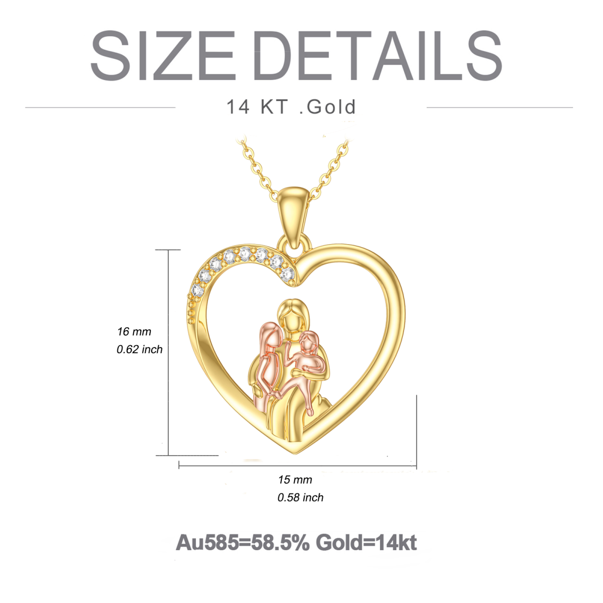 14K Gold & Rose Gold Round Cubic Zirconia Parents & Children & Heart Pendant Necklace-6