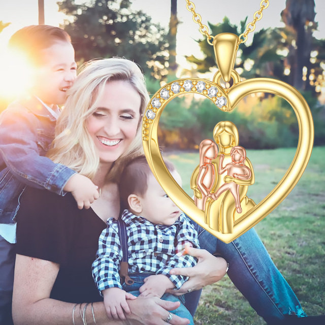 14K Gold & Rose Gold Round Cubic Zirconia Parents & Children & Heart Pendant Necklace-4
