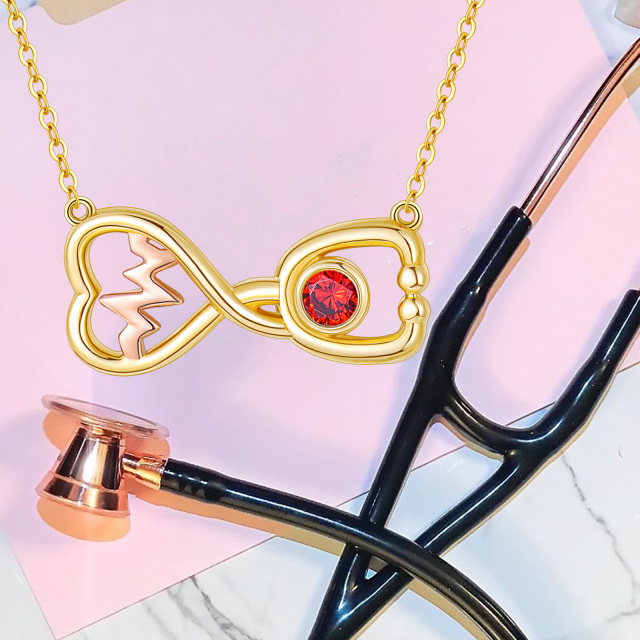 14K Gold & Rose Gold Circular Shaped Cubic Zirconia Electrocardiogram & Infinity Symbol & Stethoscope Pendant Necklace-6