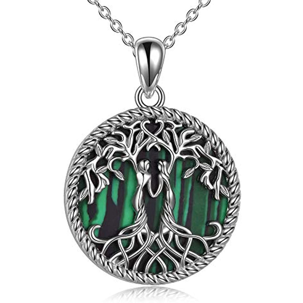 Sterling Silver Malachite Tree Of Life & Sisters Pendant Necklace-1