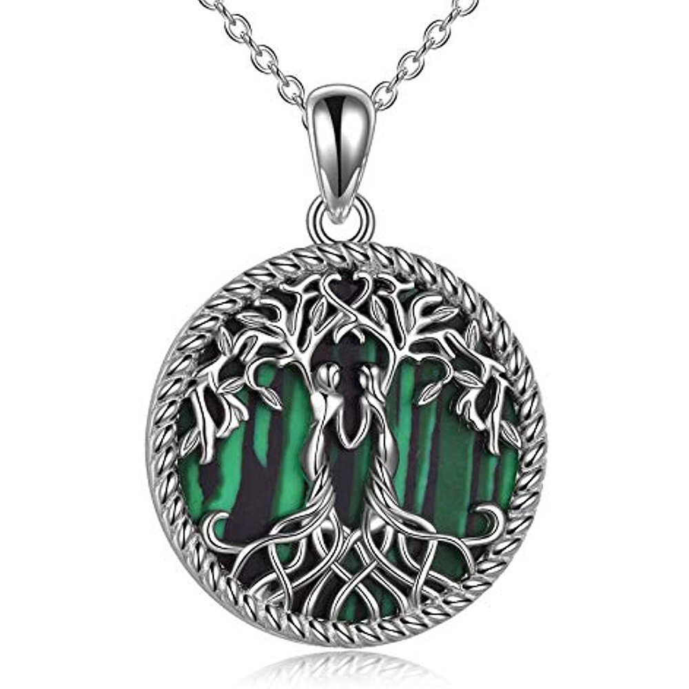 Collier en argent sterling avec pendentif arbre de vie et sœurs en malachite-1