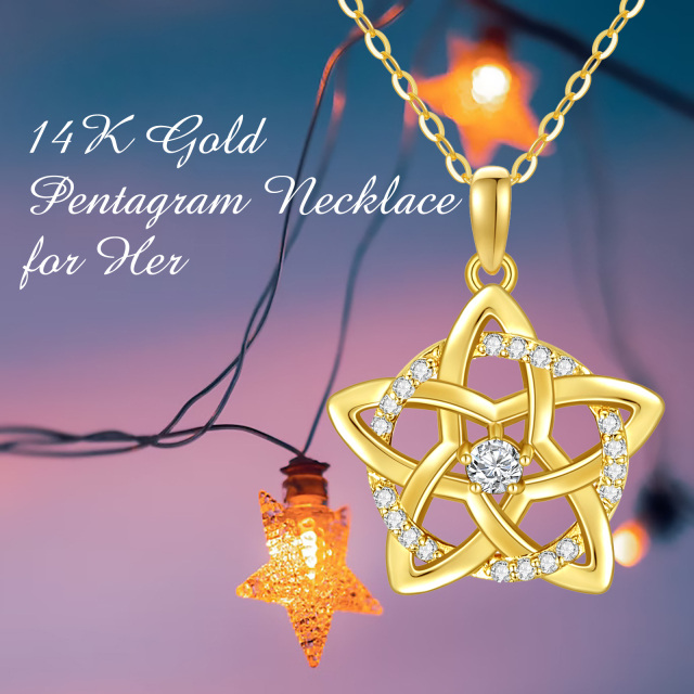 14K Gold Circular Shaped Moissanite Pentagram & Round Pendant Necklace-5