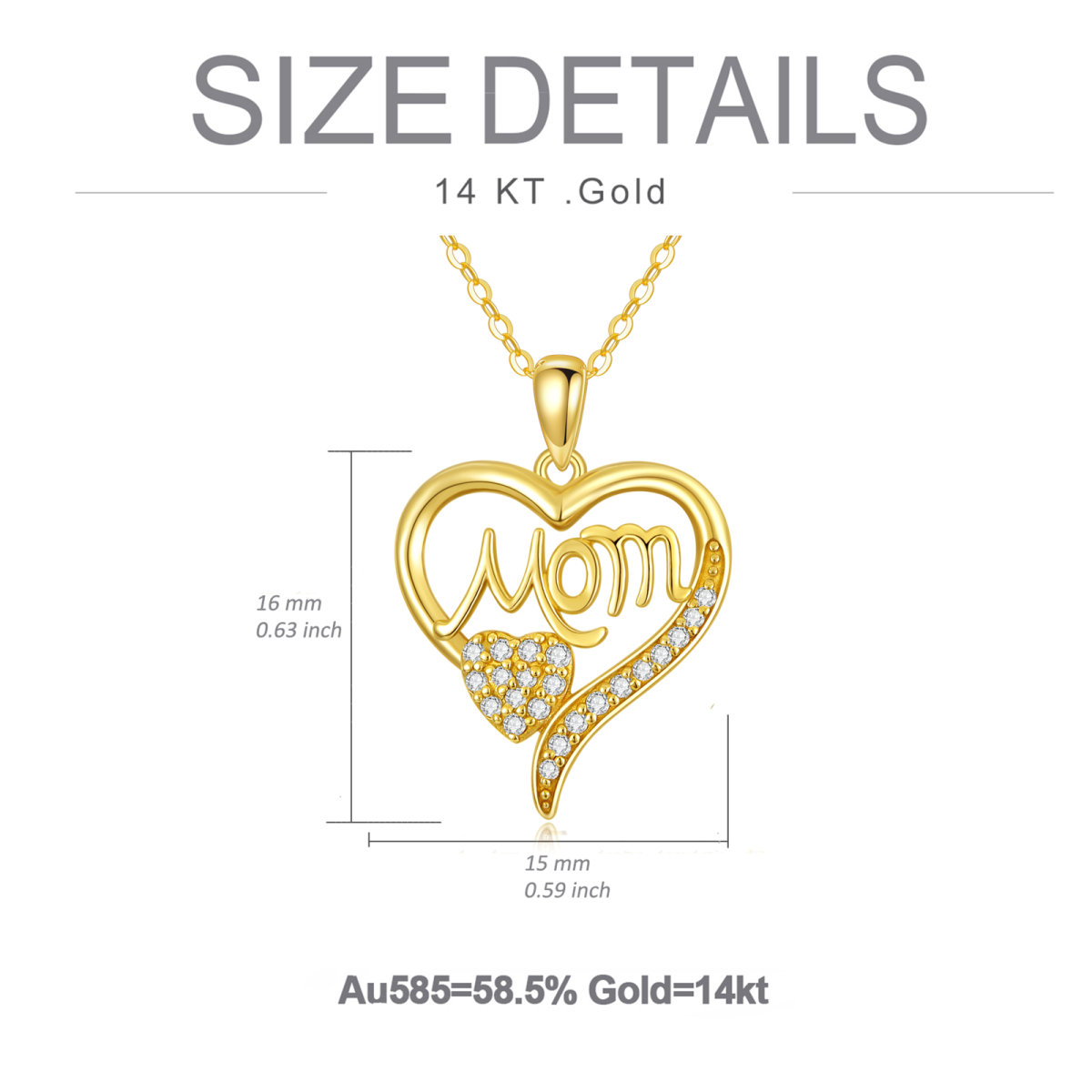 14K Gold Cubic Zirkonia Herz mit Herz-Anhänger Halskette mit eingraviertem Wort-6