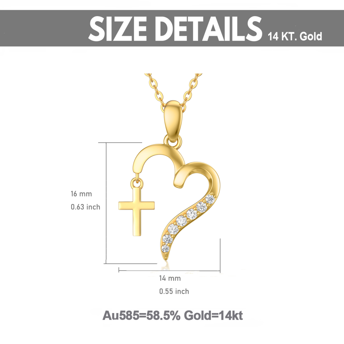 14K Oro Cúbico Zirconia Cruz y Corazón Collar Colgante-6