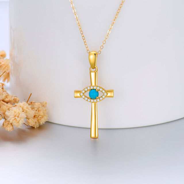 14K Gold Circular Shaped Turquoise Cross & Evil Eye Pendant Necklace-2