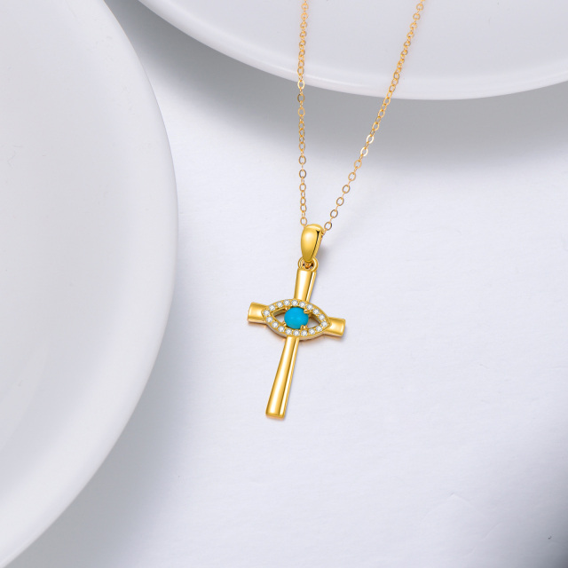 14K Gold Circular Shaped Turquoise Cross & Evil Eye Pendant Necklace-3