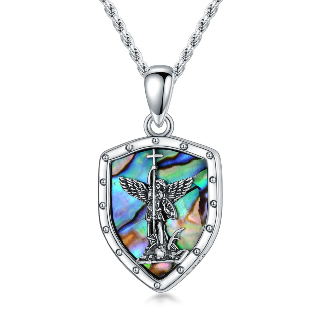 Sterling Silver Abalone Shellfish Saint Michael Shield Pendant Necklace with Engraving Words-6