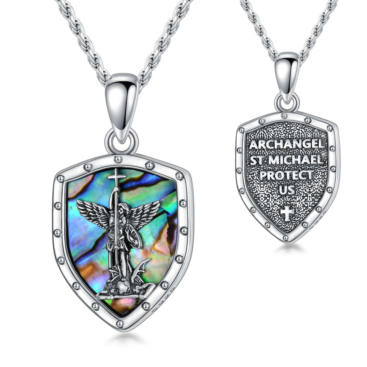 Sterling Silver Abalone Shellfish Saint Michael Shield Pendant Necklace with Engraving Words-1