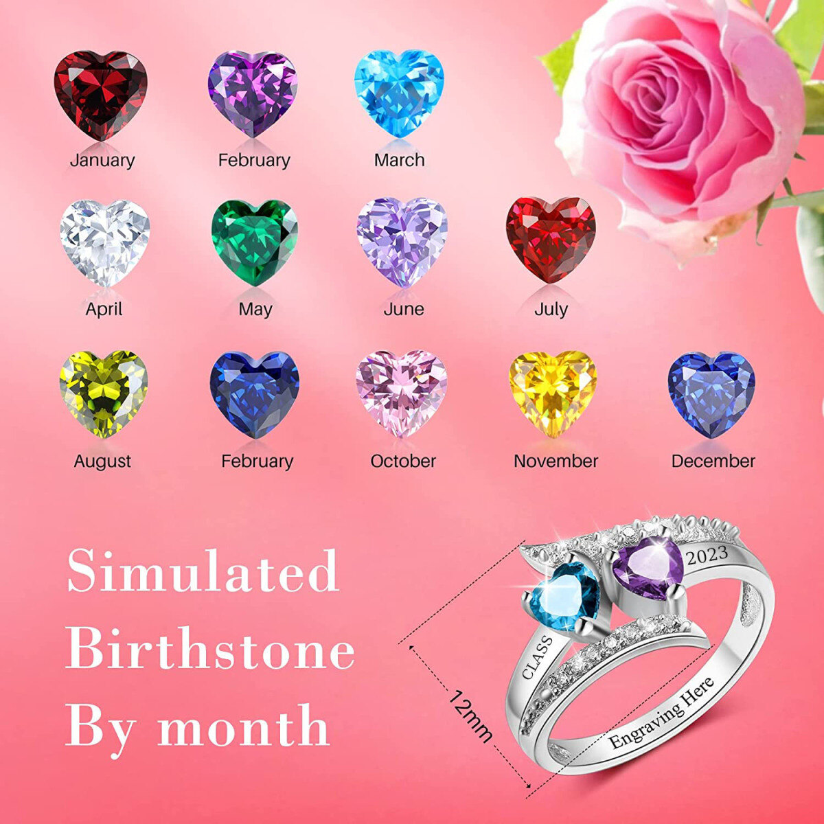 Sterling Silver Personalized Heart Shaped Birthstones Class Ring-5