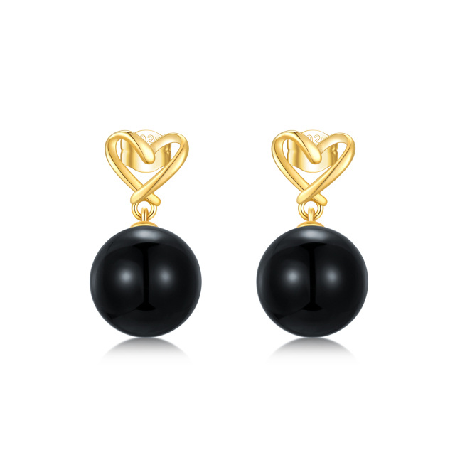 14K Solid Yellow Gold 10mm Genuine Black Onyx Ball Dangle Drop Heart Studs Earrings-0
