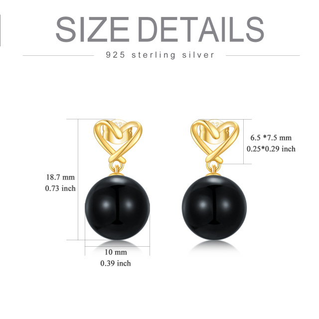 14K Solid Yellow Gold 10mm Genuine Black Onyx Ball Dangle Drop Heart Studs Earrings-1