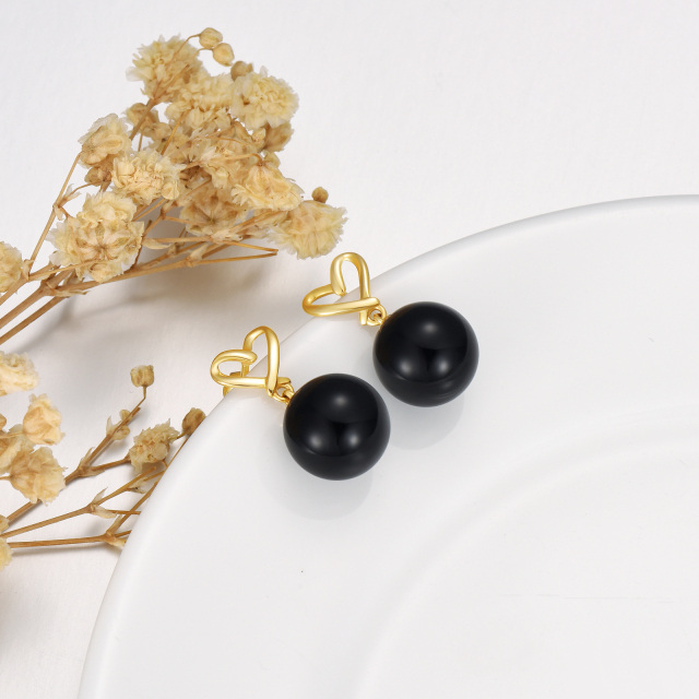 14K Solid Yellow Gold 10mm Genuine Black Onyx Ball Dangle Drop Heart Studs Earrings-3