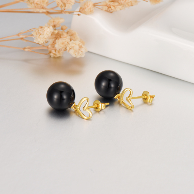 14K Solid Yellow Gold 10mm Genuine Black Onyx Ball Dangle Drop Heart Studs Earrings-4