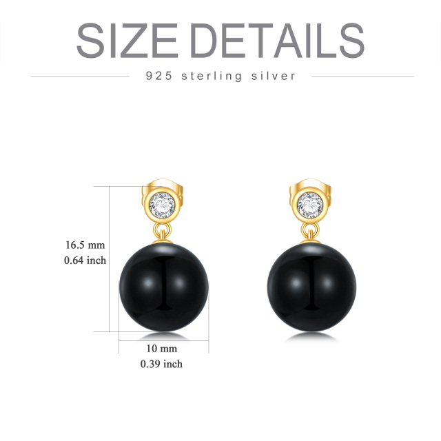 14K Solid Yellow Gold 10mm Genuine Black Onyx Ball Dangle Drop Studs Earrings-2