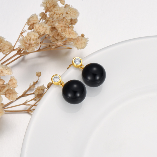 14K Solid Yellow Gold 10mm Genuine Black Onyx Ball Dangle Drop Studs Earrings-3