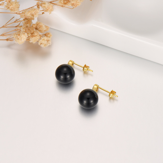 14K Solid Yellow Gold 10mm Genuine Black Onyx Ball Dangle Drop Studs Earrings-4