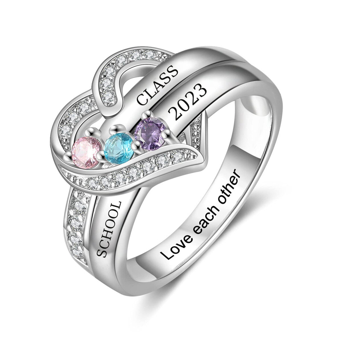 Sterling Silver Heart Personalized Engraving & Birthstone Class Ring-1