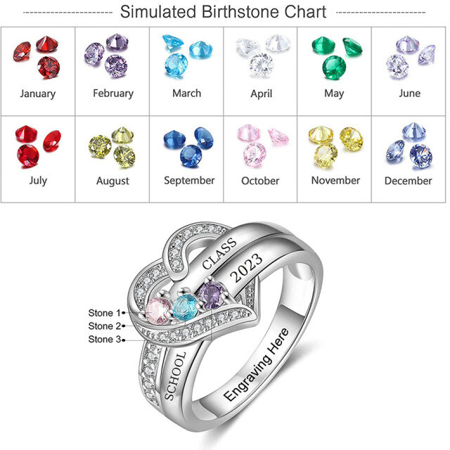 Sterling Silver Heart Personalized Engraving & Birthstone Class Ring-3