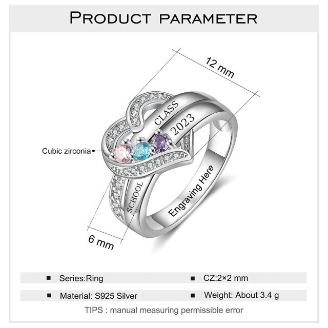 Sterling Silver Heart Personalized Engraving & Birthstone Class Ring-2