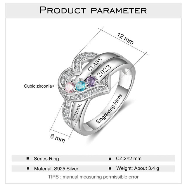 Sterling Silber Herz personalisierte Gravur & Geburtsstein Klasse Ring-2