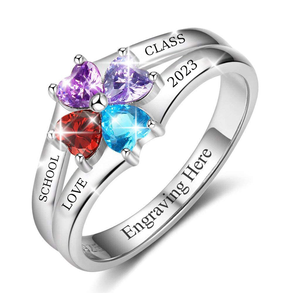 Sterling Silver Heart Shaped Cubic Zirconia Personalized Engraving & Birthstone Ring-1