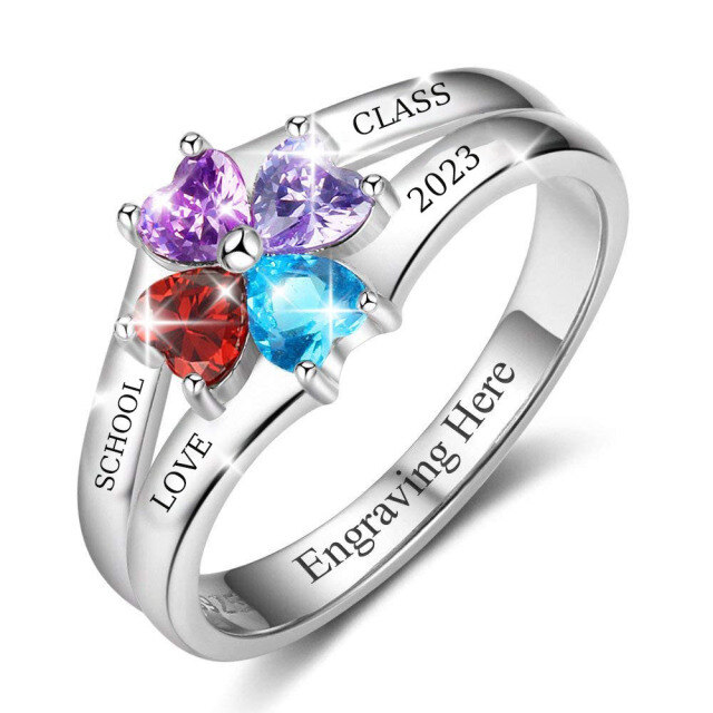 Sterling Silver Heart Shaped Cubic Zirconia Personalized Engraving & Birthstone Ring-0