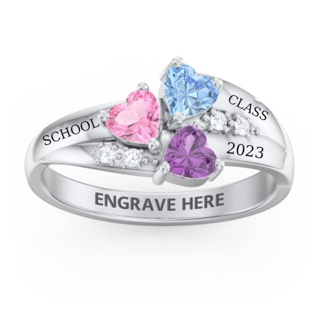 Sterling Silver Persaonzlied Heart Birthstone & Engraving Name Ring-0