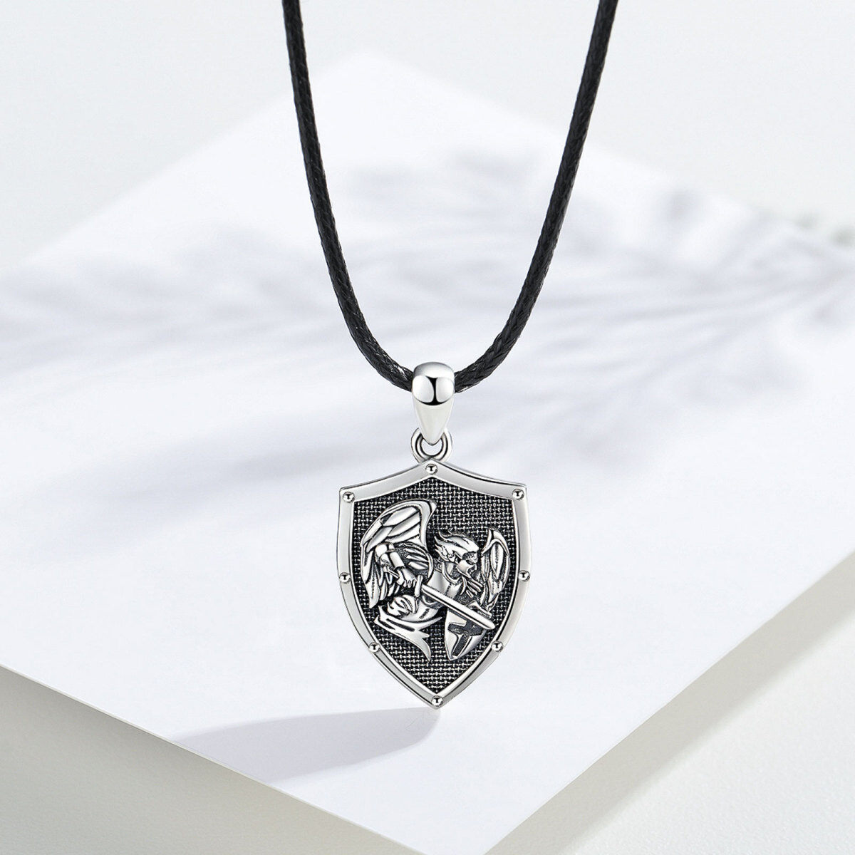 Sterling Silver Saint Michael Cross Shield Pendant Necklace-10
