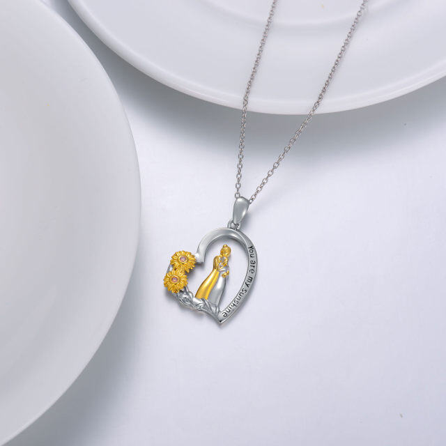 Sterling Silver Two-tone Round Cubic Zirconia Sunflower Mother & Daughter Heart Pendant Necklace with Engraved Word-3