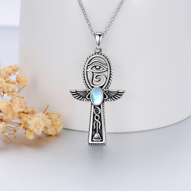Sterling Silver Oval Moonstone Ankh & Eye Of Horus Pendant Necklace-2