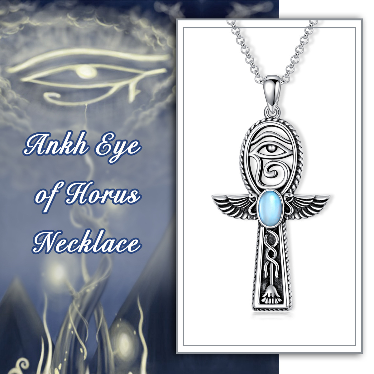 Sterling Silver Oval Moonstone Ankh & Eye Of Horus Pendant Necklace-6