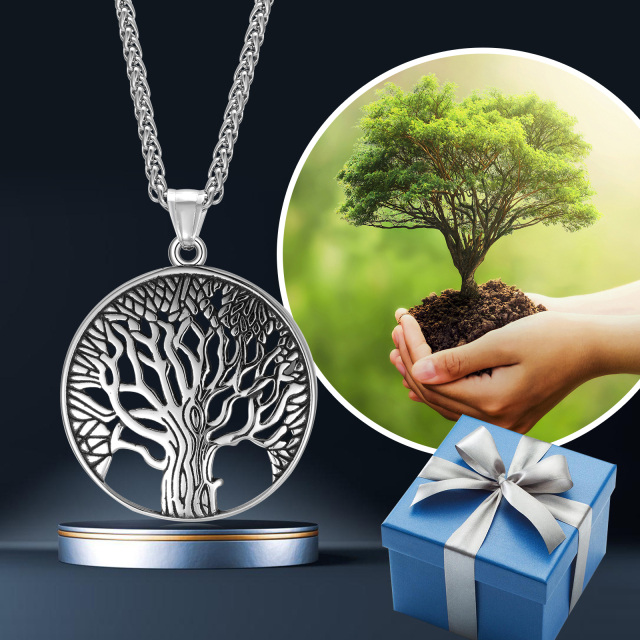 Stainless Steel with Retro Silver Plated Tree Of Life Pendant Necklace for Men-3