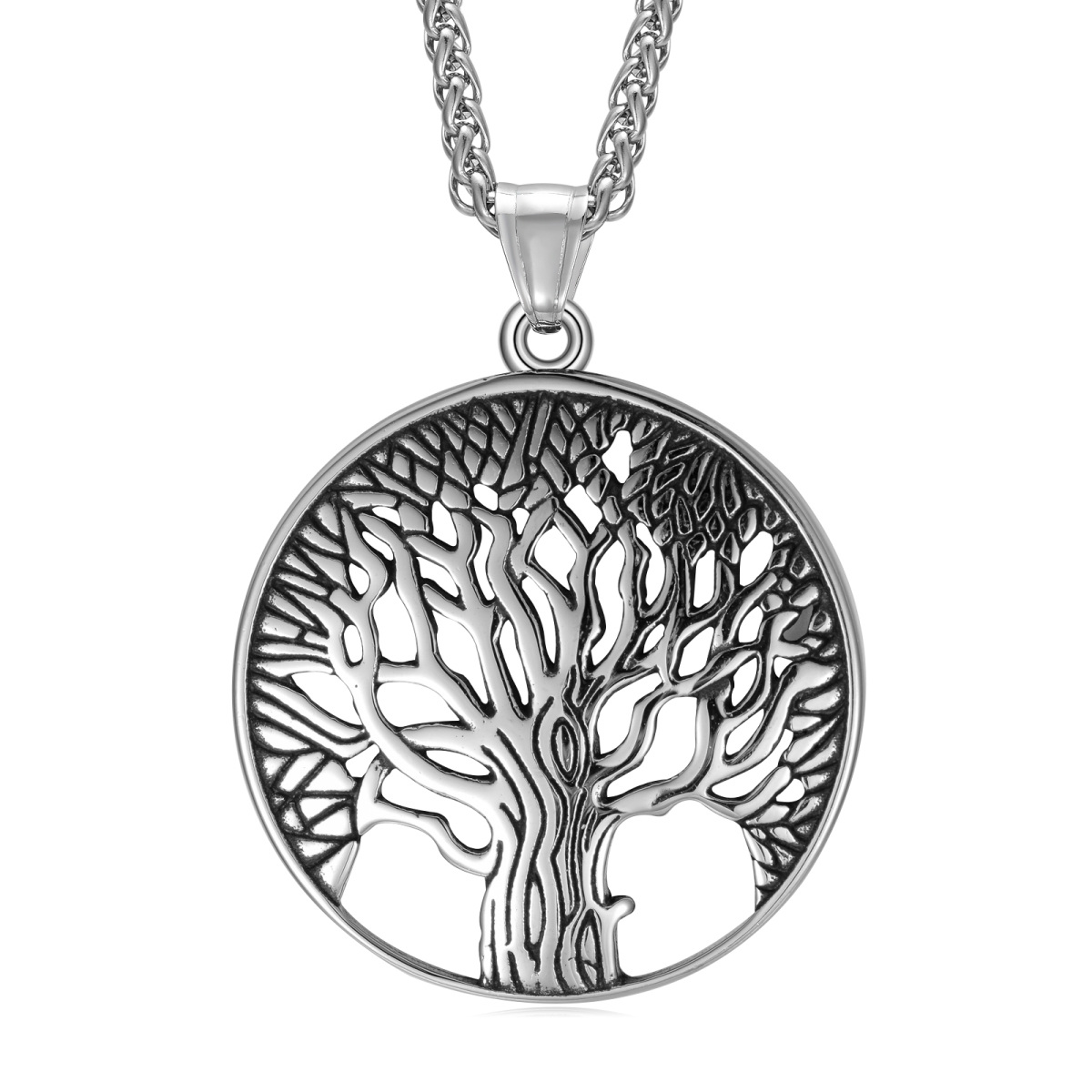 Collier pendentif arbre de vie en acier inoxydable plaqué argent rétro pour hommes-1