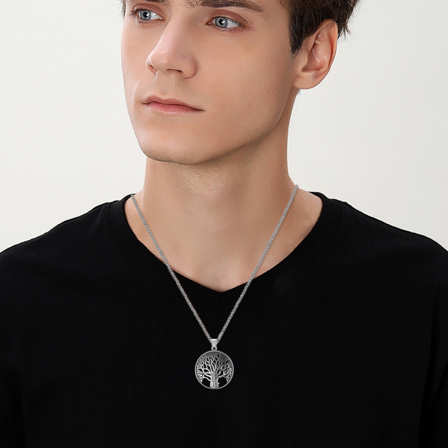 Collier pendentif arbre de vie en acier inoxydable plaqué argent rétro pour hommes-1