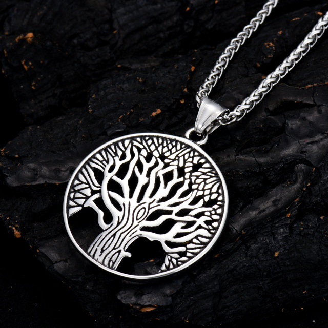 Collier pendentif arbre de vie en acier inoxydable plaqué argent rétro pour hommes-4