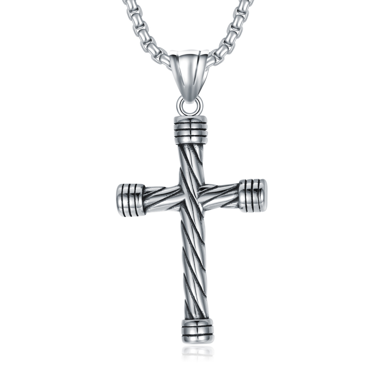Halskette aus Edelstahl mit versilbertem Retro-Kreuz und Weizenkette für Herren-1