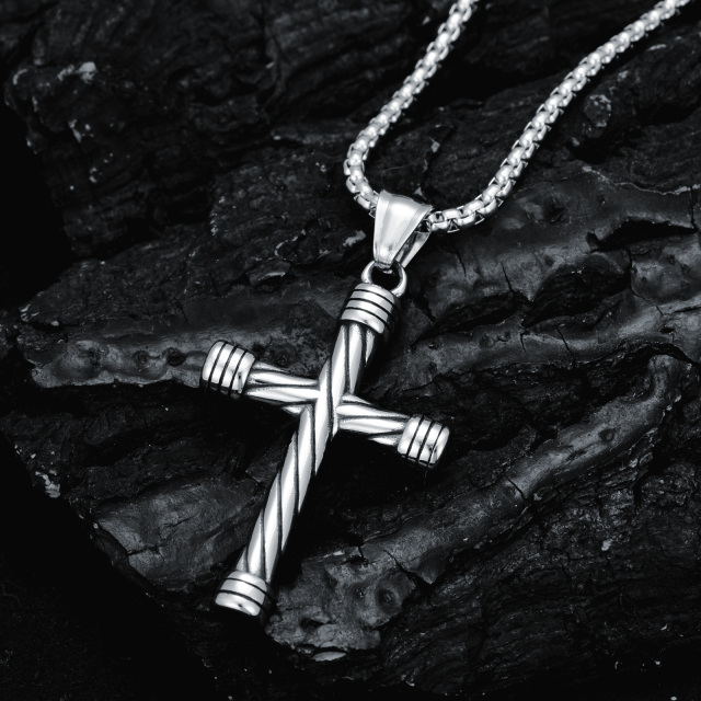 Stainless Steel with Retro Silver Plated Cross Wheat Chain Necklace for Men-3