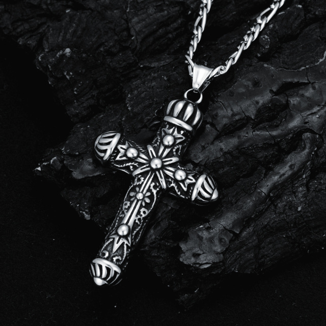 Stainless Steel with Retro Silver Plated Cross Pendant Necklace for Men-4