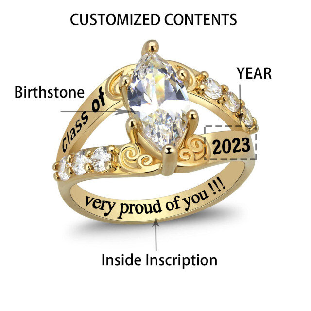 Sterling Silver with Yellow Gold Plated Cubic Zirconia Personalized Birthstone & Personalized Engraving Ring with Engraved Word-4