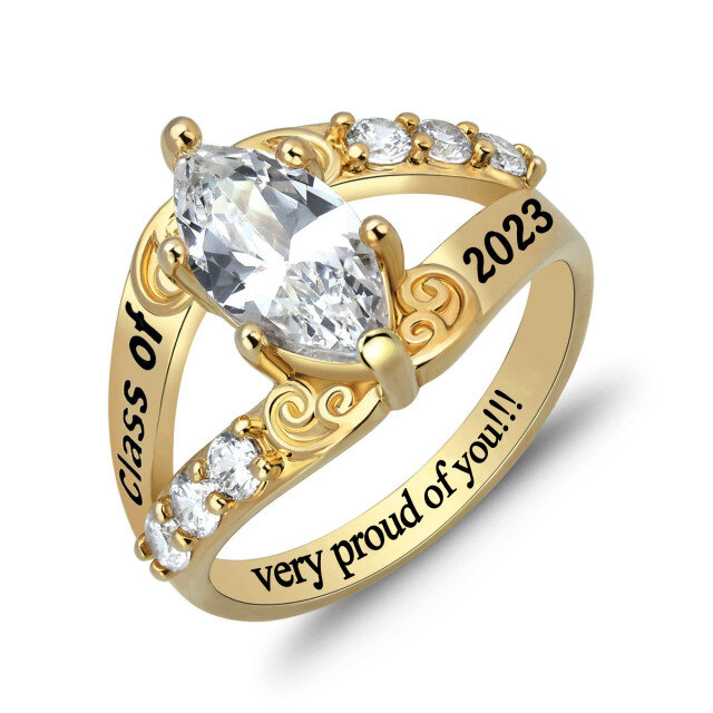 Sterling Silver with Yellow Gold Plated Cubic Zirconia Personalized Birthstone & Personalized Engraving Ring with Engraved Word-1