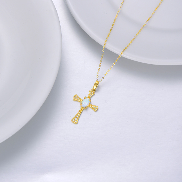 14K Gold Cubic Zirconia & Opal Cross Pendant Necklace-2