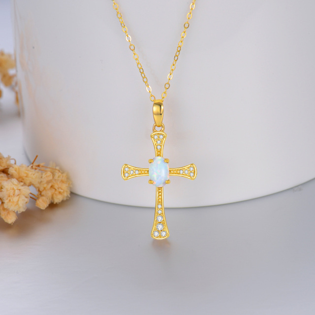 Collier croix en or 14K avec zircon cubique et opale-3