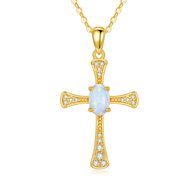 14K Gold Cubic Zirconia & Opal Cross Pendant Necklace-4