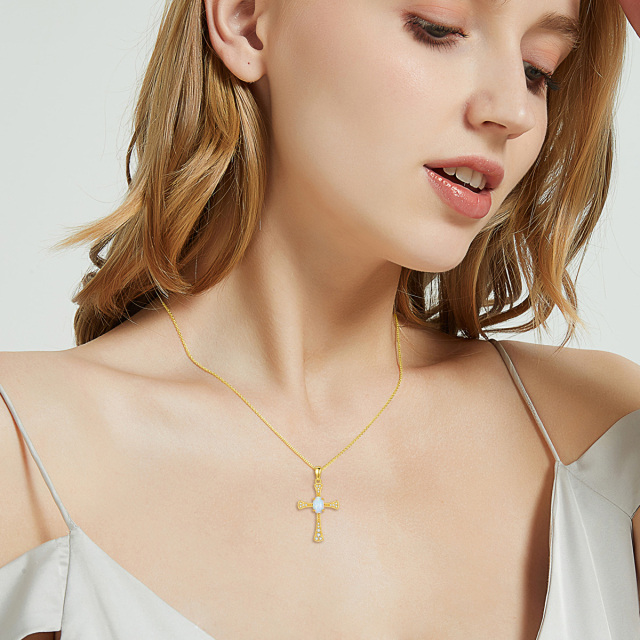 14K Gold Cubic Zirconia & Opal Cross Pendant Necklace-1