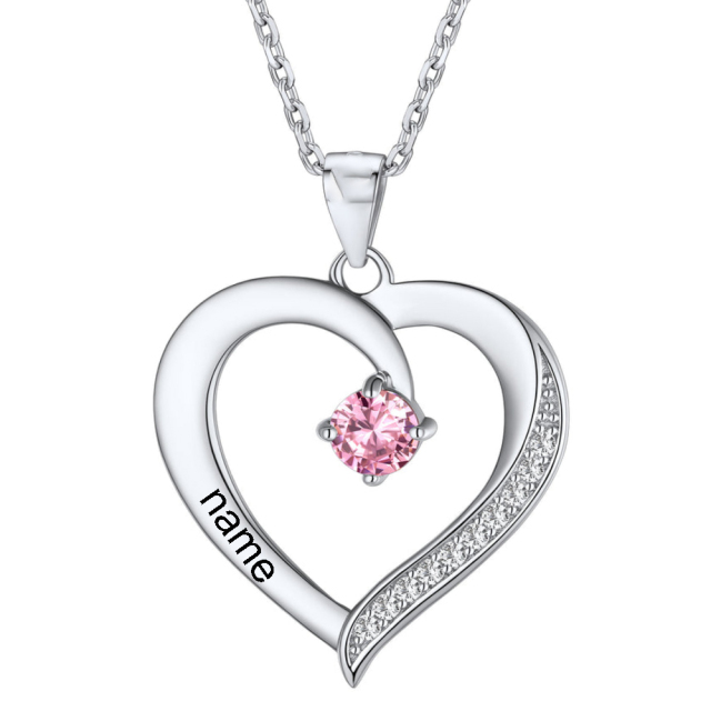 10K White Gold Personalized Birthstone & Personalized Engraving & Heart Pendant Necklace-3