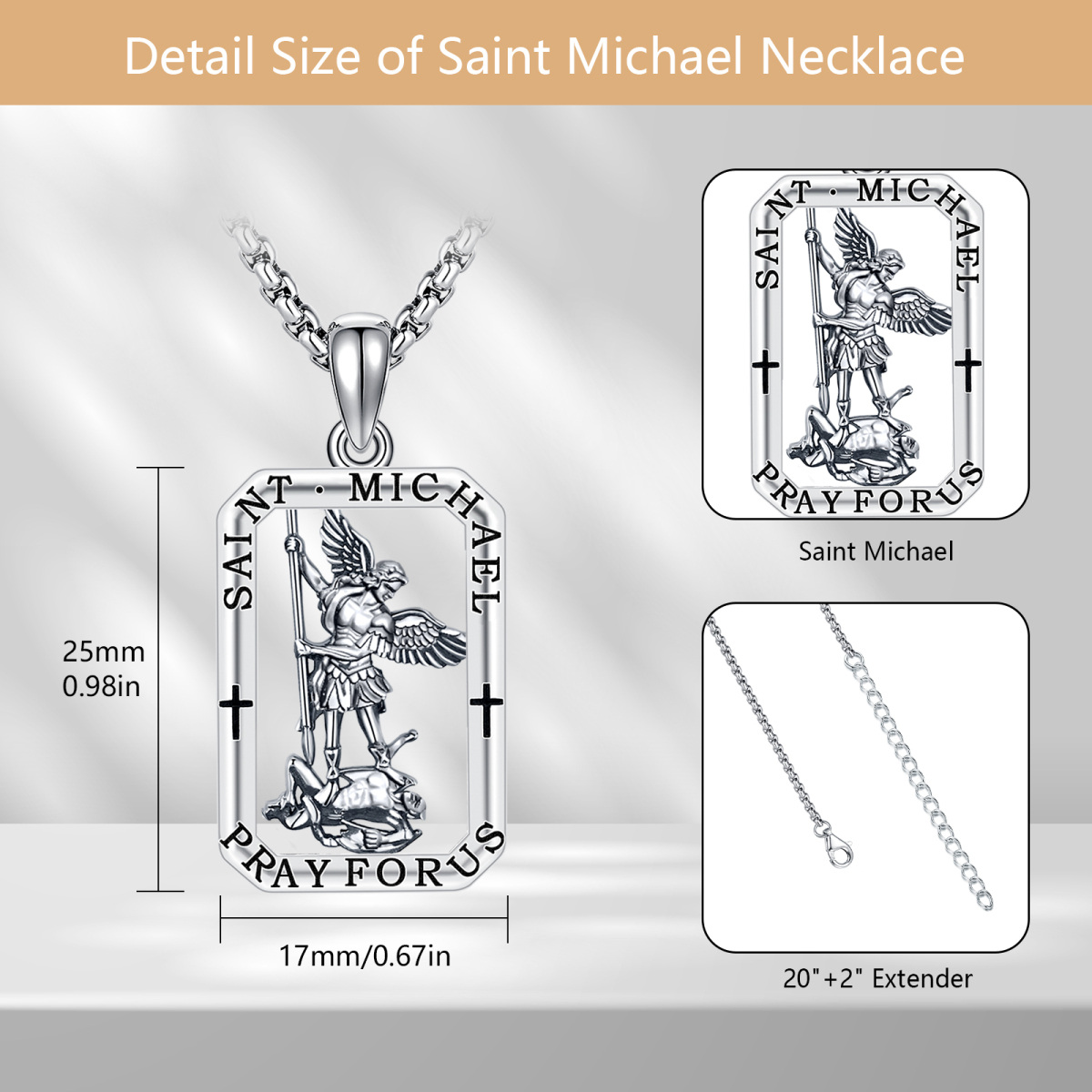 Sterling Silver Saint Michael Pendant Necklace with Engraved Word-7