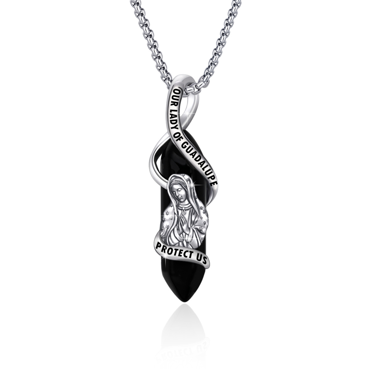 Sterling Silver Our Lady Of Guadalupe Crystal Pendant Necklace with Engraved Word-1