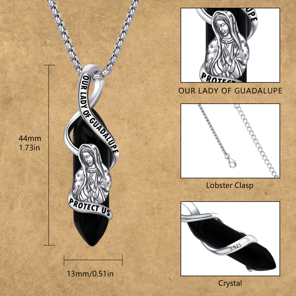 Sterling Silver Our Lady Of Guadalupe Crystal Pendant Necklace with Engraved Word-5